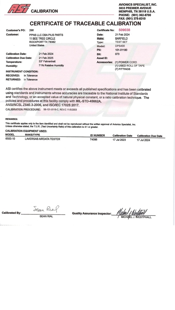 Cert of Calibration